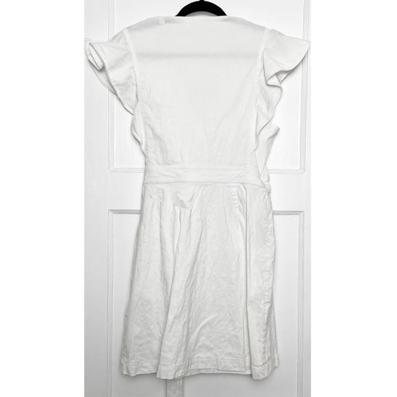 ALC Linen Blend Ruffled Flutter Short Sleeve Tie Waist V-Neck Mini Wrap Dress 10 - Picture 12 of 16
